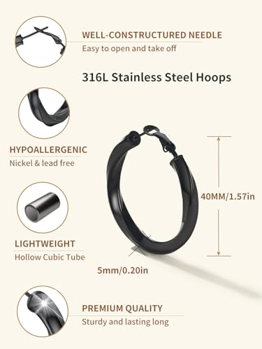 FindChic Twisted Hoop Earrings for Women, Silver/Black/14K Gold Plated Hypoallergenic Hollow Tube Rounded Loop Earrings, 30mm/40mm/60mm/80mm Hoops with Custom Name Options and Gift Box - color: a.Black, size: 40MM