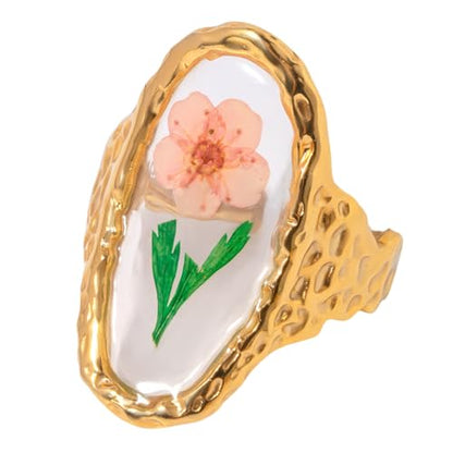 Hebelee Handmade Dried Flower Statement Ring for Women | Gold-Toned Stainless Steel,Adjustable,Pressed Blossom Forget-Me-Not Flowers Open Band Rings,Wedding Holiday Jewelry - color: Hammered Oval C