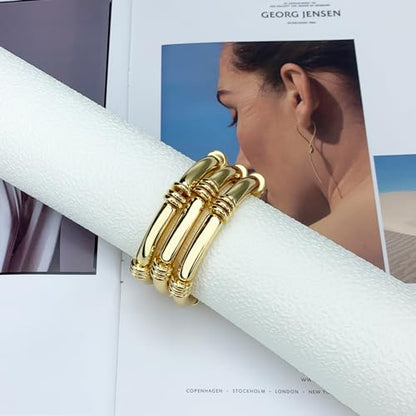 YBMYCM 5PCS Gold Chunky Bangles Bracelets for Women | 14k Gold Plated Stackable Layered Curved Bamboo Tube Stretch Bracelets Bangle Gift Jewelry - color: 3pcs G