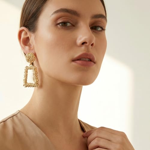 Clip on Earrings for Women, Big Statement Geometric Earrings Large Shiny Drop Dangle Earrings Non Pierced (Gold/Silver/Hot Pink) - color: Gold