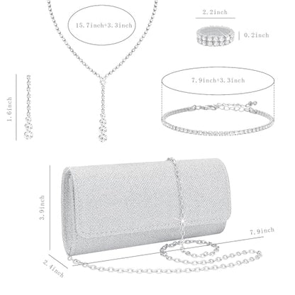 NEWITIN Purse Rhinestone Jewelry Set for Women Prom Jewels Crystal Clutch Purse Necklaces Rings Bracelets Earrings Gold Silver Jewelry Set for Women Bride - color: 6 Pieces Silver