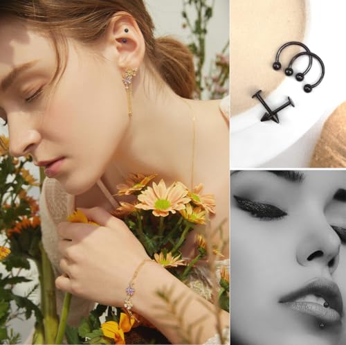 40Pcs Surgical Steel Lip Rings Labret Monroe Barbell Daith Tragus Helix Piercing Septum Nose Ring Eyebrow Body Jewelry for Women Men - color: Black