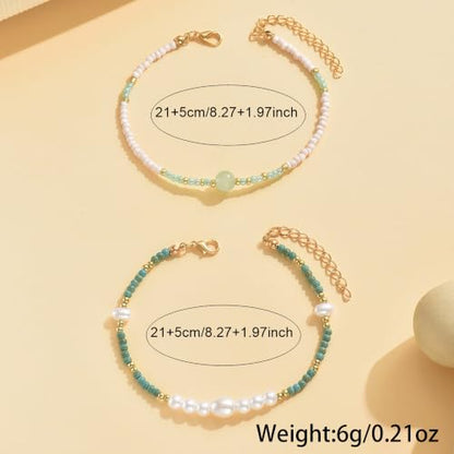 Pearl Beaded Anklet for Women Boho Rice Pearl Ankle Bracelet Adjustable Delicate Stackable Summer Beach Bikini Vacation Party Jewelry