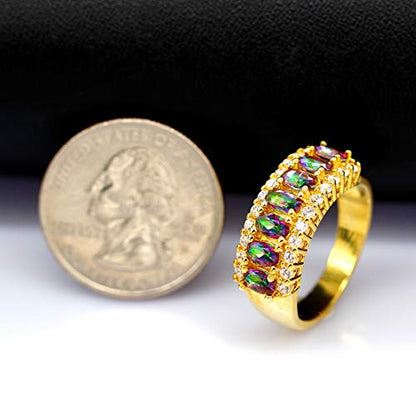 Uloveido Beautiful Women's 7 Stones Wedding Band Oval Cubic Zirconia Engagement Anniversary Rings J501 - color: Gold-Multi