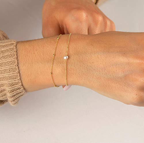 MEVECCO Dainty Chain Bracelets for Women, Layered and Charm Styles | 14K Gold Plated Brass, Select Cubic Zirconia Accents, Single and Multi-Row Structures for Refined Everyday Wristwear - style: 2 Layer 1 Pearl Bead Chain