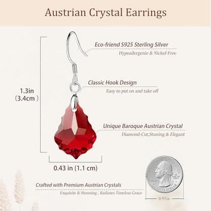 Austrian Crystal Baroque Drop Dangle Earrings for Women 925 Sterling Silver Hook Hypoallergenic Jewelry - color: Red