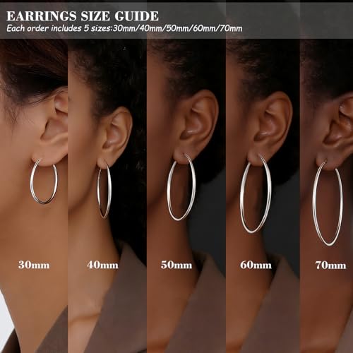 6 Pairs Gold Silver Hoop Earrings for Women 14K Gold Plated 316 Hypoallergenic Stainless Steel Lightweight Large Small Hoops Women Earrings 30/40/50mm Set - color: 5 Pairs Silver-30/40/50/60/70mm