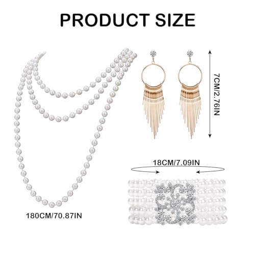 1920s Pearl Jewelry Set - Long Pearl Necklace, Earring Set, Multilayer Bracelet - Flapper Accessories for Women - color: Charming