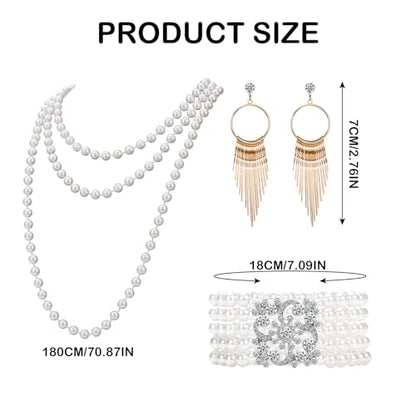 1920s Pearl Jewelry Set - Long Pearl Necklace, Earring Set, Multilayer Bracelet - Flapper Accessories for Women - color: Charming