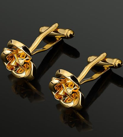 Unique Rose Flower Cufflinks and Tie Clip Set for Men Regular Necktie | Silver/Golden/Black Men's Tie Pin and Cuff Links for Wedding Party Daily Office Formal Casual Business Tuxedo Dress Accessory - style: 14K Gold Plated Cufflinks Tie Pin Set