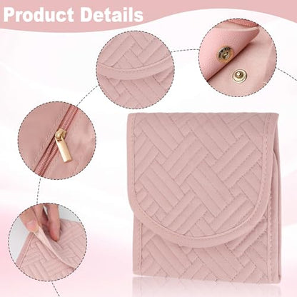 Travel Jewelry Organizer Roll – Foldable Jewelry Storage Bag for Rings, Necklaces, Earrings & Bracelets, Portable Mini Soft Pink Travel Jewelry Case for Women