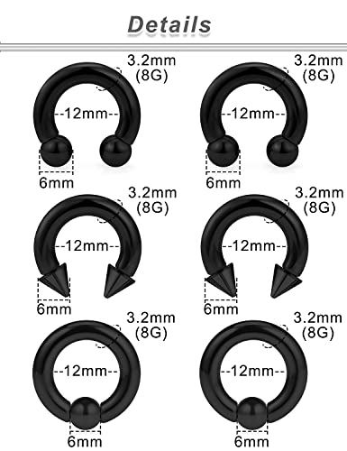 00G 0G 2G 4G 6G 8G 10G 12G 14G 16G Septum Rings Silver Black Surgical Steel Heavy Gauges Earrings Stretching kit Eyebrow Lip Septm Nose Rings Helix Tragus Daith Rook Earrings Hoops 10mm-19mm - color: Black, size: 8G(3.0mm)-Inner Dia:12mm