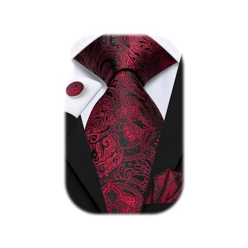 Hi-Tie Men 63inches Tie Set Extra Long Necktie Paisley Tie Pocket Suqare Cufflinks Big and Tall Men Tie - color: Black Red Dark