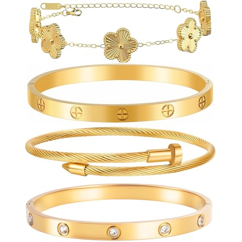 Womens Stackable Floral Gold Bracelets - 4Pcs 18K Gold Plated Bracelet,Stainless Steel Bangle Bracelets Non Tarnish, Gold Bracelet Set Trendy Jewelry,Christmas Valentines Birthday Gifts for Girlfriend - color: Bracelets Stack 4Sets (Floral Gold Bracelets,