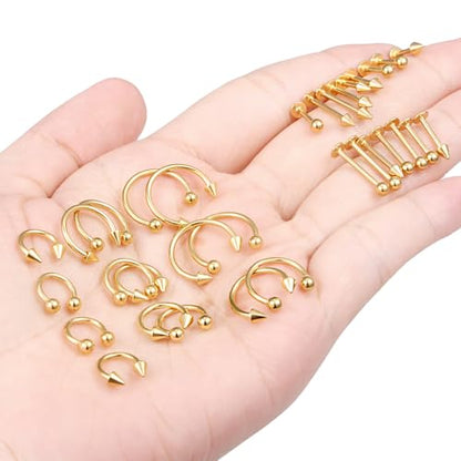 Lip Rings 32PCS Labret Jewelry Monroe Lip Barbell Ring Snake Bite Piercing Jewelry 16G Helix Earring Daith Tragus Cartilage Studs Surgical Steel Piercing Jewelry for Women Men - color: 32pcs,16 gauge,goldtone