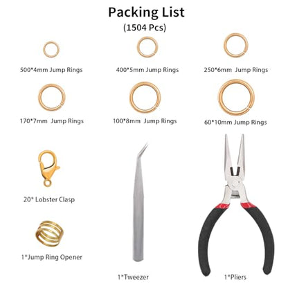 EuTengHao 1504Pcs Open Jump Ring and Lobster Clasps Kit Jewelry Making Repair Kit with Jewelry Pliers Tweezers (KC Gold) - color: KC Gold