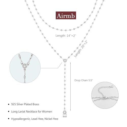 Airmb Lariat Silver/Gold Necklace for Women 925 Silver/14K Gold Plated Dainty Long Necklace Y-Shaped Drop Pendant Necklaces Choker Trendy Chain Simple Layered Necklaces CZ Jewelry for Women Set Gift