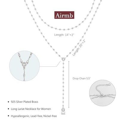 Airmb Lariat Silver/Gold Necklace for Women 925 Silver/14K Gold Plated Dainty Long Necklace Y-Shaped Drop Pendant Necklaces Choker Trendy Chain Simple Layered Necklaces CZ Jewelry for Women Set Gift
