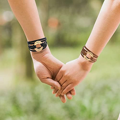 hotoo Circle Charm Bracelets for Women Handmade Leather Wrap Bracelets for Couples Friendship Bracelet Bohemian Cuff Bangle Boho Jewelry Gift - color: Black