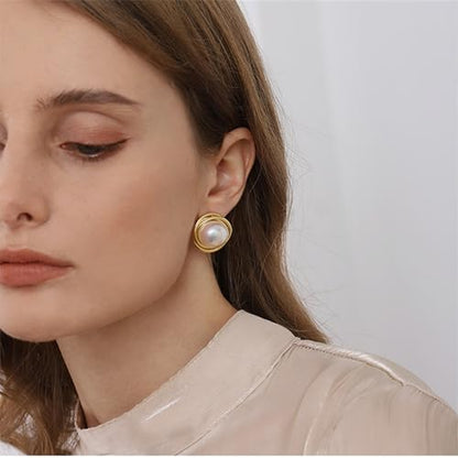 Yoursfs Faux Pearl Clip On Earrings For Women 18K Gold Plated Button Ear Clips - style: Large Pearl Gold Clip On Earrings