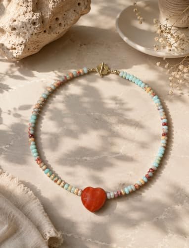 Beaded Necklaces for Women,Natural Stone Necklace, Bead Choker with Heart Pendant, Handmade Surfer Beach Necklace Trendy Stone Jewelry Gifts