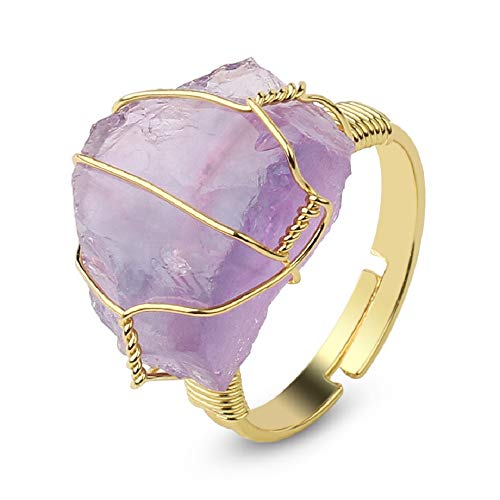 COLORFUL BLING Raw Healing Crystal Natural Stone Ring Statement Copper Wire Wrapped Irregular Crystal Gemstone Adjustalble Ring Jewelry for Women - color: Amethyst