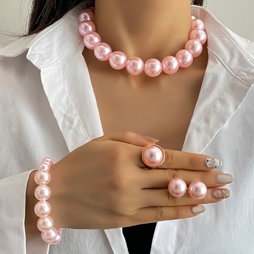 Large Big Simulated Pearl Adjustable Chain Necklace Bracelet Dangling Earrings Ring for Women Jewelry Set Imitation Dainty Elegant Wedding Party Birthday - color: pink
