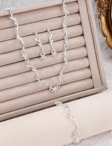 sailimue Wedding Jewelry Sets for Brides Bridesmaid Women Prom jewelry | Silver Plated Rhinestone Crystal Necklace Bracelet Earrings Wedding Bridal Bridesmaid Costume Accessories - color: Silver C