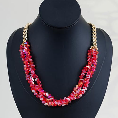 Crystal Statement Necklace with Gold Chain, Black and Clear Crystal Clusters, Chunky Curb Link Design, Fashion Jewelry for Women - color: Red