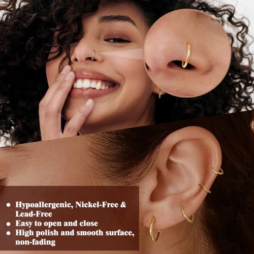 3Pcs Nose Rings Hoops for Women Men, 18G Nose Hoops Gold/Silver | Hinged Clicker Septum Rings Tragus Conch Helix Daith Lip Body Piercing Jewelry 6/8/10mm - color: 3pcs/gold/18g