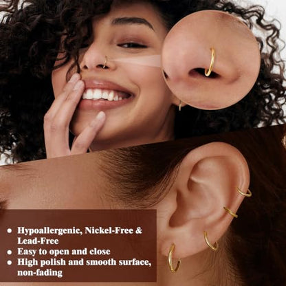 3Pcs Nose Rings Hoops for Women Men, 18G Nose Hoops Gold/Silver | Hinged Clicker Septum Rings Tragus Conch Helix Daith Lip Body Piercing Jewelry 6/8/10mm - color: 3pcs/gold/18g
