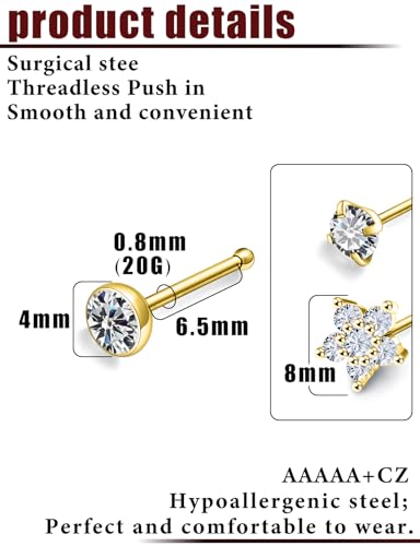 Prjndjw 20G Big Nose Stud Large Nose Studs Surgical Stainless Steel Straight Nose Studs 4mm CZ Paved CZ Nose Rings with 6-CZ Flower Ring for Women Men 11 Pieces - color: 4mm CZ Big 20G Gold-plated Straight Nose Stud