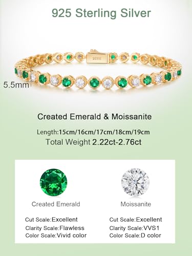 D Color VVS1 Clarity Moissanite and Genuine Sapphire/Emerald/Ruby Tennis Bracelets for Women 2.22ct-10.45ct, Solid 925 Sterling Silver, Anniversary Wedding Valentines Jewelry for Her, Length 5.9-7.5 Inch(15-19cm) - color: Moissanite & Emerald (3.4 - 4.2 C