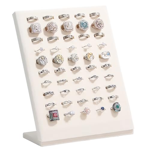 Ring Display Stand, Velvet Ring Holder, 50 Slots Rings Organizer Jewelry Display Tray, L-Shaped Jewelry Organizer Stand for Rings Earrings Selling (1, Beige) - color: Beige