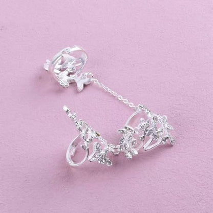 Rhinestone Finger Ring for Women Sparkly Crystal Butterfly Flower Leaf Adjustable Statement Chain Rings Punk Jewelry - color: Silver Leaf