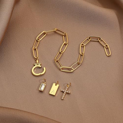Initial Cross Charm Bracelet, 18K Gold Plated Dainty Paperclip Link Chain Bracelets for Women, Non Tarnish, A-Z Letter Bracelet Personalized Gifts Gold Jewelry for Women - color: Letter-A2