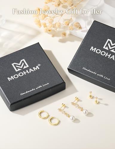 M MOOHAM Pearl Earrings for Women, 14K Gold Plated Pearl Drop Earrings | Hypoallergenic Pearl Dangle Earrings Set, Dainty Flat Back Stud Earring Stack, Bridal Shower Gifts, Wedding Jewelry - color: 14K Gold Plated