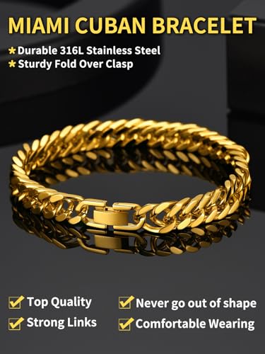 ChainsHouse Stainless Steel Cuban Link Bracelet, 6mm/8mm/12mm/17mm Width, 7.5"/8.3"/9", Black/ 18K Gold Plated Chain Wrist Bracelets for Men Women, Send Gift Box - color: K: Gold-8mm width