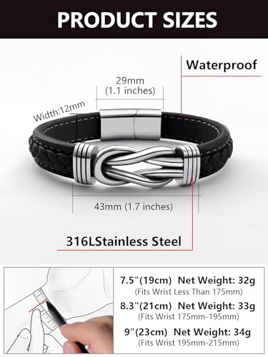 Mens Black Braided Leather Bracelet, Green/Red/Brown/Black Braided Leather Infinity Knot Bracelets for Men with Stainless Steel Clasp, 7.5/8.5/9in Length - color: 01-Black