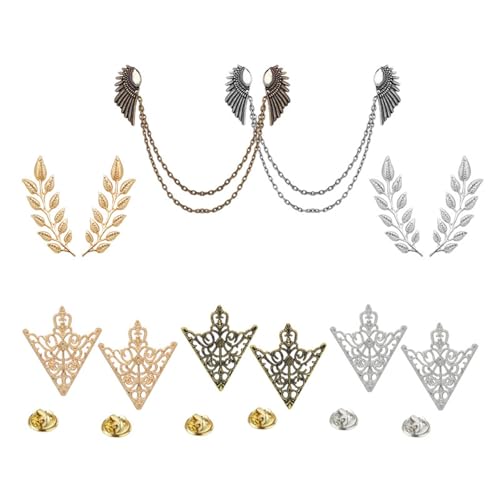WCRAZYE Retro Hollow Pattern and Angle Triangle Collar Pins for Men Women Fashion Simple Gold Silver Palace Brooch Clip Pin Brooches Buckle Shirt Collar Decoration Parts - style: 7 Pcs Leaf Triangle Chain Pins