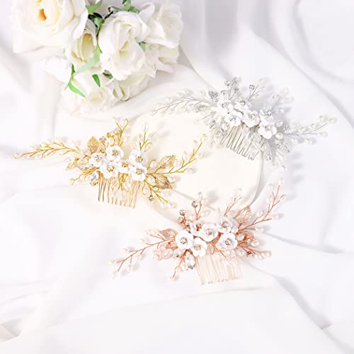 Unicra Flower Bride Wedding Hair Comb Leaf Rose Gold Bridal Headpiece Pearl Hair Accessories Crystal Hair Piece Jewelry for Women (C Rose Gold) - color: C Rose Gold