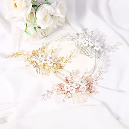 Unicra Flower Bride Wedding Hair Comb Leaf Rose Gold Bridal Headpiece Pearl Hair Accessories Crystal Hair Piece Jewelry for Women (C Rose Gold) - color: C Rose Gold
