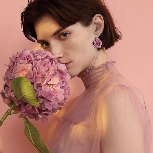 Handmade Bohemian Aesthetic Dainty Acrylic Flower Petal Leverback Earrings Sparkly 14K Gold Floral Dangle Drop Earrings for Women - color: Dark Purple