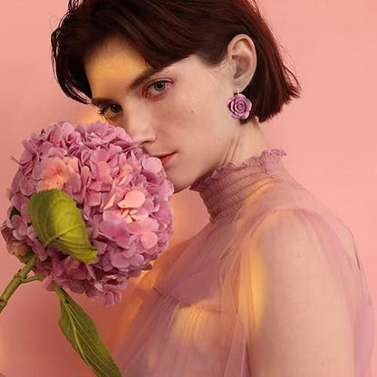 Handmade Bohemian Aesthetic Dainty Acrylic Flower Petal Leverback Earrings Sparkly 14K Gold Floral Dangle Drop Earrings for Women - color: Dark Purple