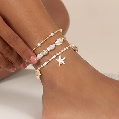 Cicy Bell Boho Ankle Bracelets Set for Women Beach Jewelry Bead Anklets | Hawaiian Shell Starfish Charm,Adjustable,Waterproof Non Tarnish,Summer Vacation Foot Jewelry - color: Gold B