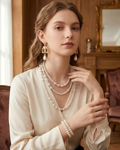 Pearl Necklace Set - Faux Pearl Earrings and Bracelets Jewelry Set for Women Wedding Bridal Shower Tea Party Accessories - style: 8pcs-gold