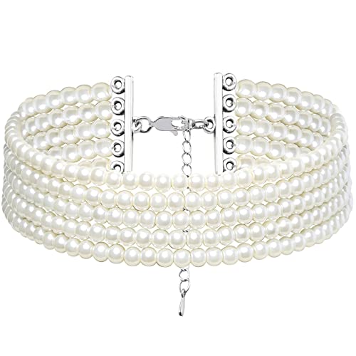 BABEYOND Round Imitation Pearl Choker Necklace Multi Strands Choker 20s Flapper Necklace Accessories for Gatsby Themed Party - style: 5-layer