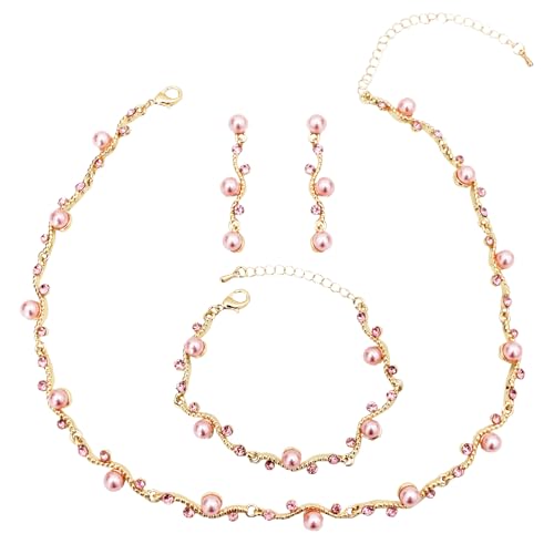 Bridal Pearl Choker Necklace Earrings Bracelet Wedding Crystal Jewelry Set for Women Brides Bridesmaid Prom - color: Pink-Gold Plated