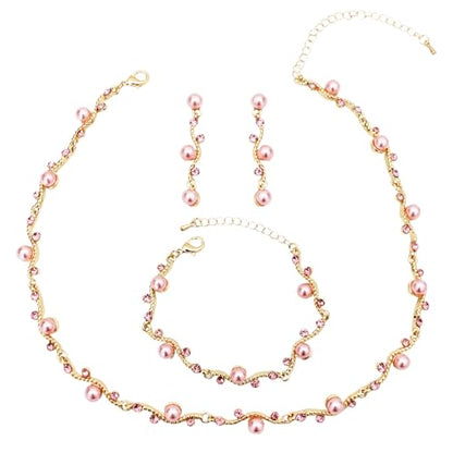 Bridal Pearl Choker Necklace Earrings Bracelet Wedding Crystal Jewelry Set for Women Brides Bridesmaid Prom - color: Pink-Gold Plated
