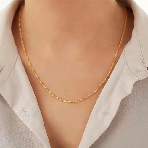 Gold Silver Necklace Chain With Adjustable Lobster Clasp, Diamond Cut Geometric Gold Beads Stationed on Dainty 2mm Cable Box Chain, 16 Inches Rolo Oval Figaro Link Singapore Chain. - color: Gold01